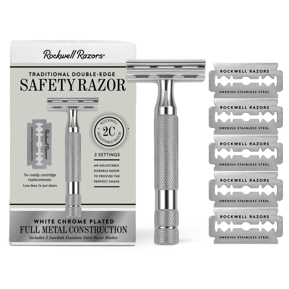 ROCKWELL RAZORS 2C Double Edge Safety Razor With Adjustable Shave Settings and 5 Fully Recyclable Razor Blades. Reusable Safety Razors for Men