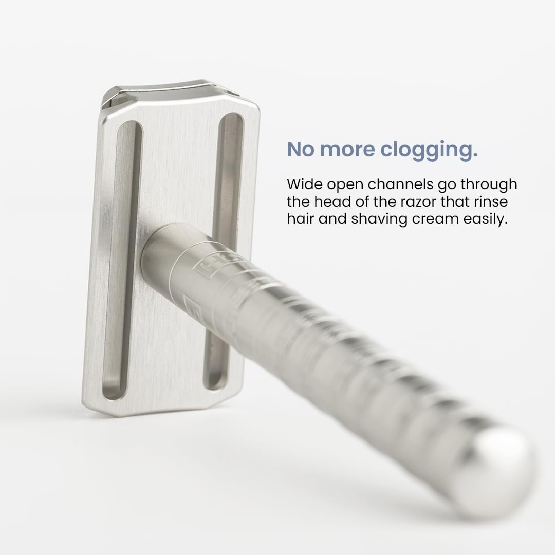 Henson Shaving Razor - Aluminum Double Edge Safety Razor with 5 Spare Blades - 30° Angled Precision With Superior Blade Rigidity- Reusable Single Blade Razors For Men and Women - Mild Aggression