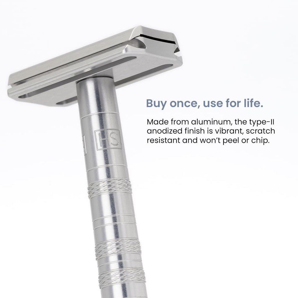 Henson Shaving Razor - Aluminum Double Edge Safety Razor with 5 Spare Blades - 30° Angled Precision With Superior Blade Rigidity- Reusable Single Blade Razors For Men and Women - Mild Aggression