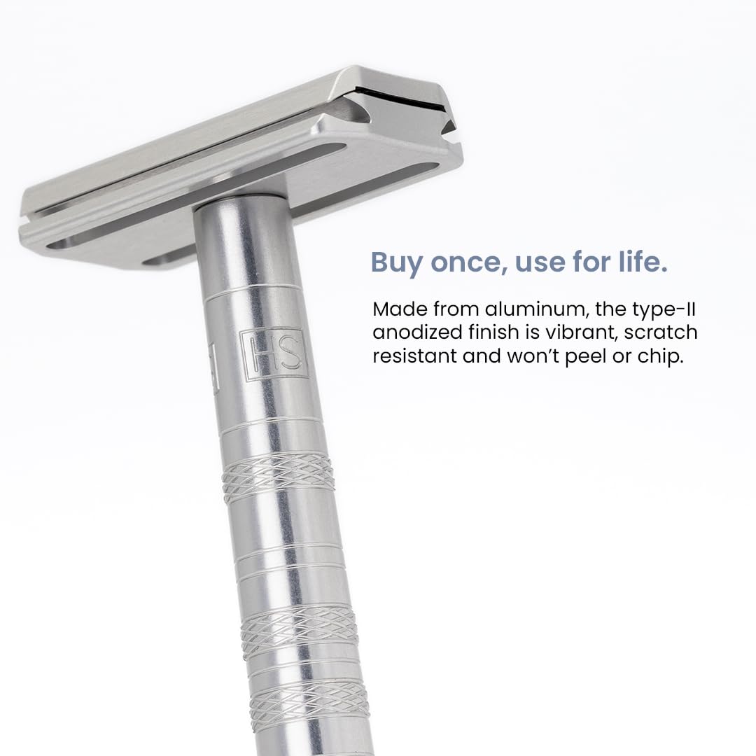 Henson Shaving Razor - Aluminum Double Edge Safety Razor with 5 Spare Blades - 30° Angled Precision With Superior Blade Rigidity- Reusable Single Blade Razors For Men and Women - Mild Aggression