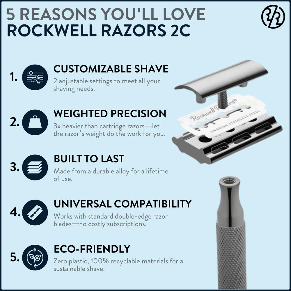 ROCKWELL RAZORS 2C Double Edge Safety Razor With Adjustable Shave Settings and 5 Fully Recyclable Razor Blades. Reusable Safety Razors for Men