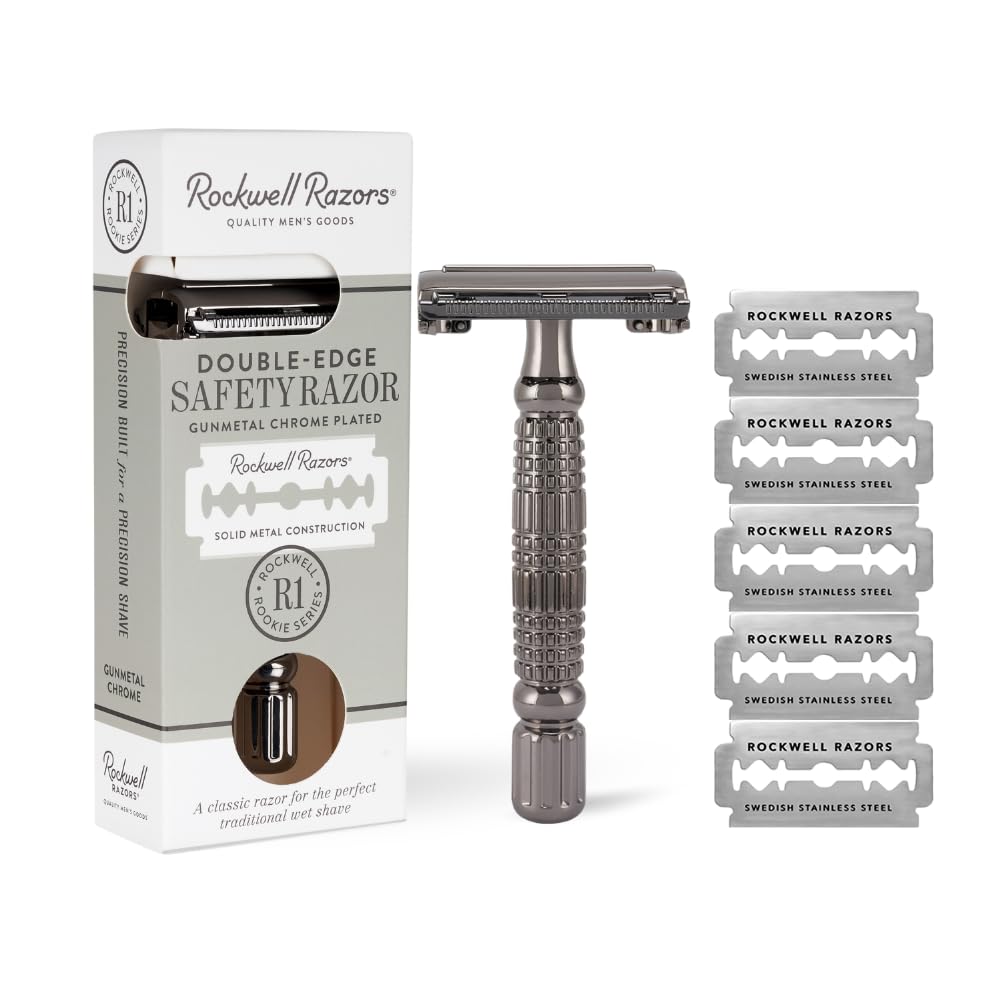 ROCKWELL RAZORS R1 Safety Razor, Butterfly Open Mechanism with 5 Double Edge Blades