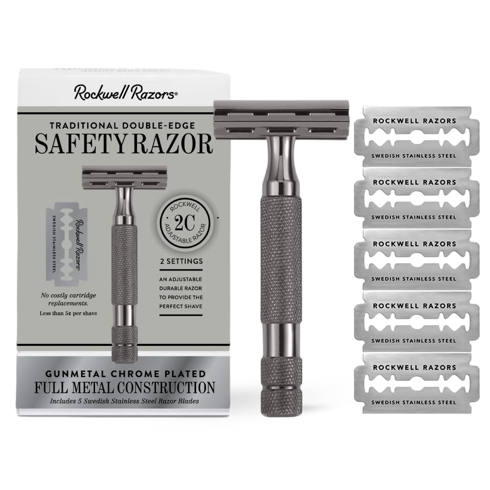 ROCKWELL RAZORS 2C Double Edge Safety Razor With Adjustable Shave Settings and 5 Fully Recyclable Razor Blades. Reusable Safety Razors for Men