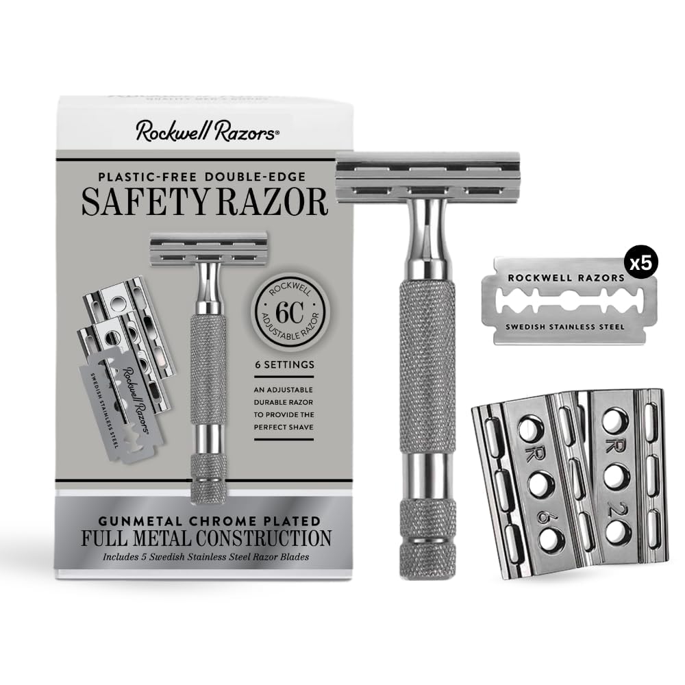 ROCKWELL RAZORS 6C Safety Razor With 6 Adjustable Shave Settings and 5 Fully Recyclable Razor Blades. Reusable Safety Razors for Men
