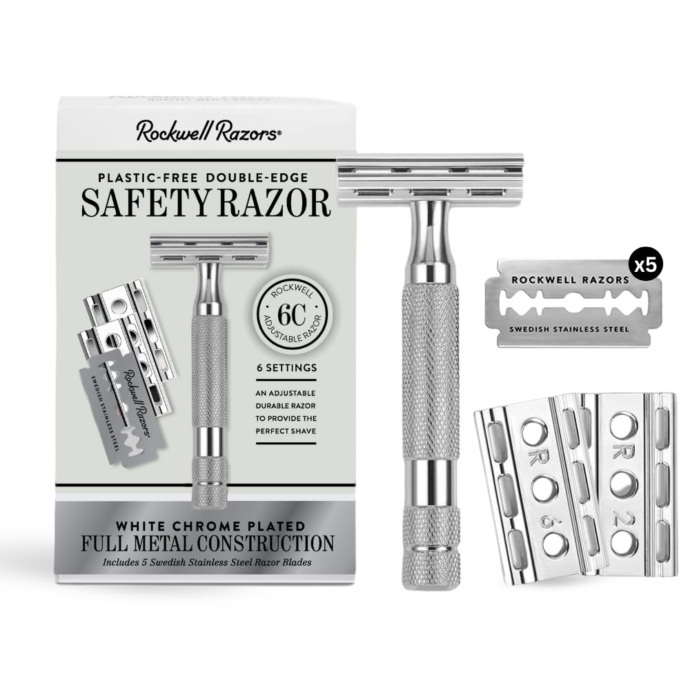 ROCKWELL RAZORS 6C Safety Razor With 6 Adjustable Shave Settings and 5 Fully Recyclable Razor Blades. Reusable Safety Razors for Men