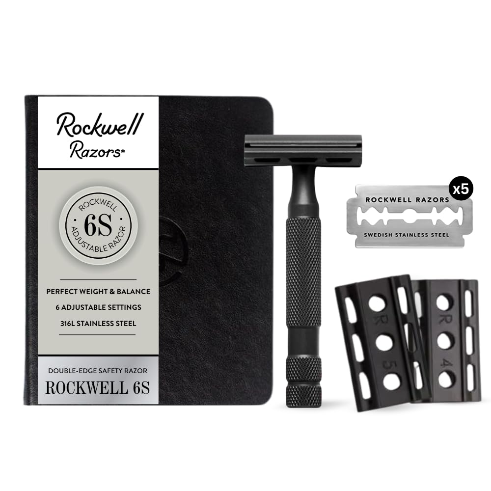 Rockwell Razors 6S Double-Edge Safety Razor in with 6 Adjustable Shave Settings and 5 Fully Recyclable Blades. Reusable Safety Razors for Men