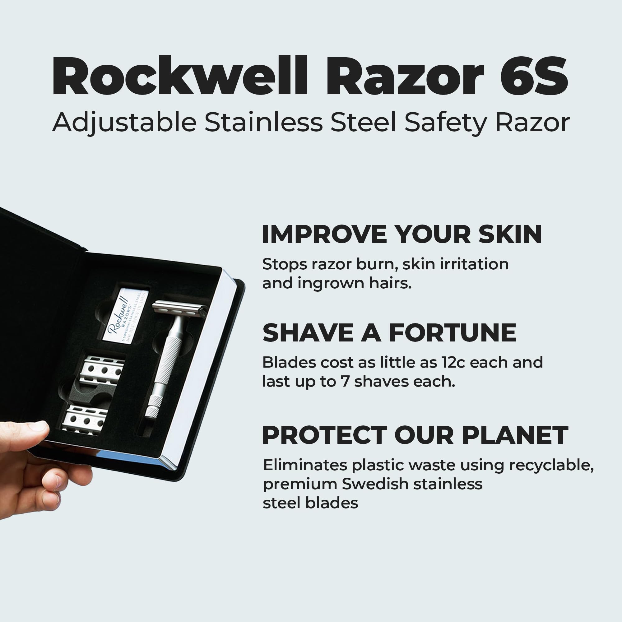 Rockwell Razors 6S Double-Edge Safety Razor in with 6 Adjustable Shave Settings and 5 Fully Recyclable Blades. Reusable Safety Razors for Men