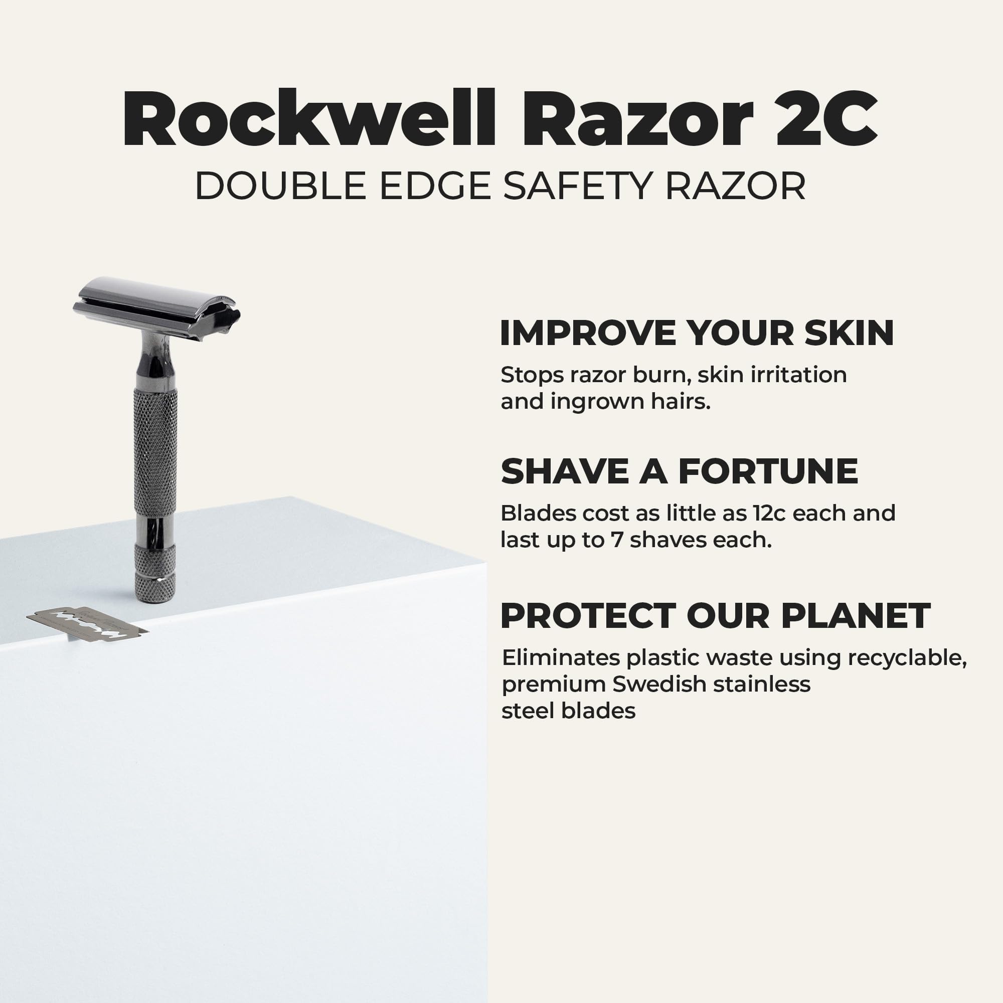 ROCKWELL RAZORS 2C Double Edge Safety Razor With Adjustable Shave Settings and 5 Fully Recyclable Razor Blades. Reusable Safety Razors for Men