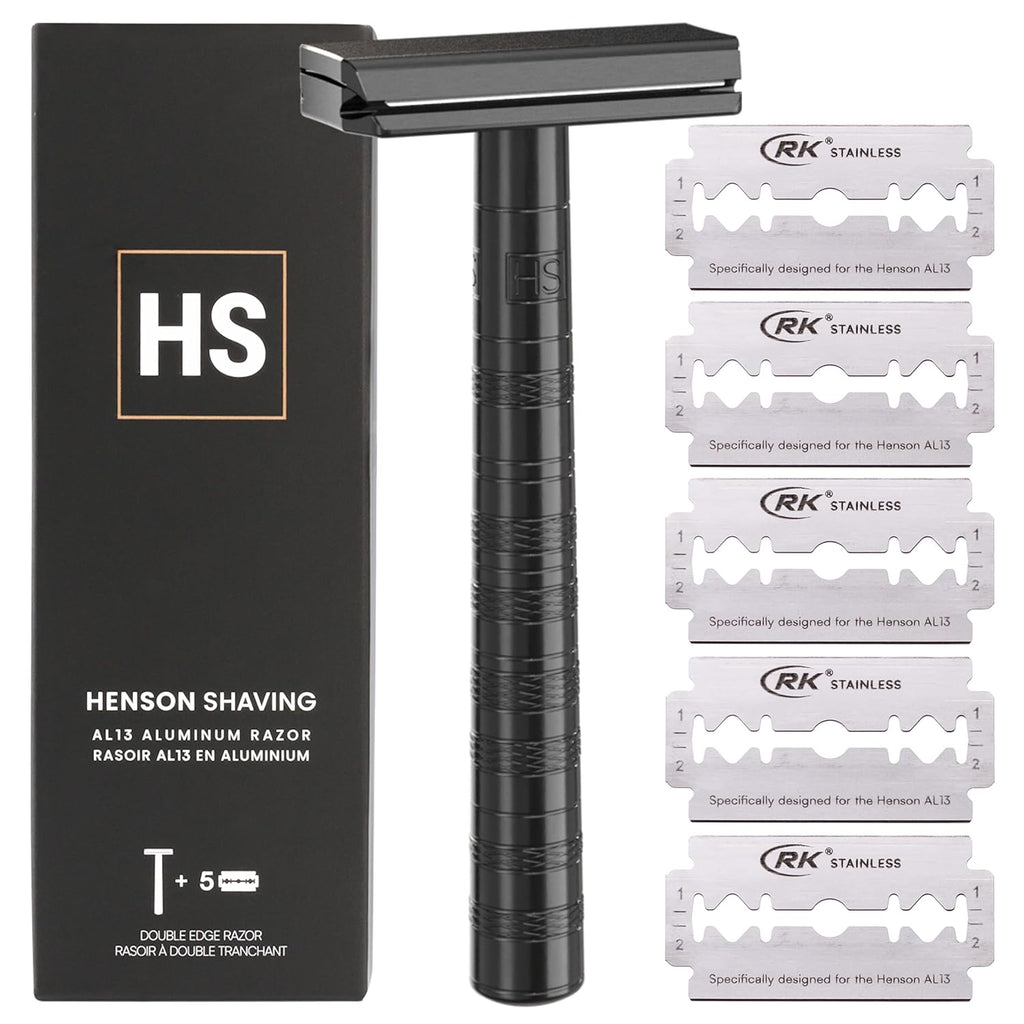 Henson Shaving Razor - Aluminum Double Edge Safety Razor with 5 Spare Blades - 30° Angled Precision With Superior Blade Rigidity- Reusable Single Blade Razors For Men and Women - Mild Aggression