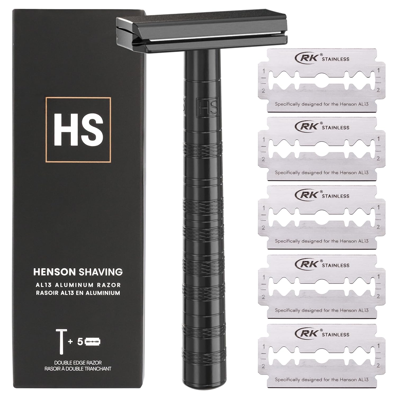 Henson Shaving Razor - Aluminum Double Edge Safety Razor with 5 Spare Blades - 30° Angled Precision With Superior Blade Rigidity- Reusable Single Blade Razors For Men and Women - Mild Aggression
