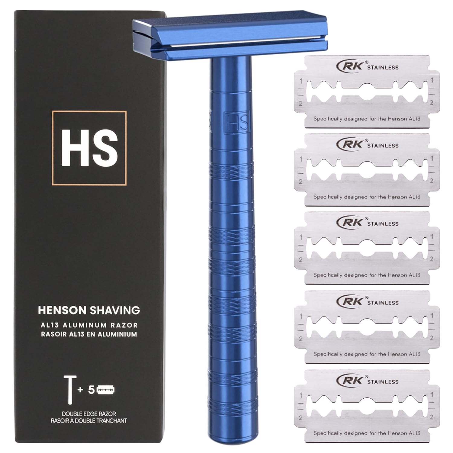Henson Shaving Razor - Aluminum Double Edge Safety Razor with 5 Spare Blades - 30° Angled Precision With Superior Blade Rigidity- Reusable Single Blade Razors For Men and Women - Mild Aggression