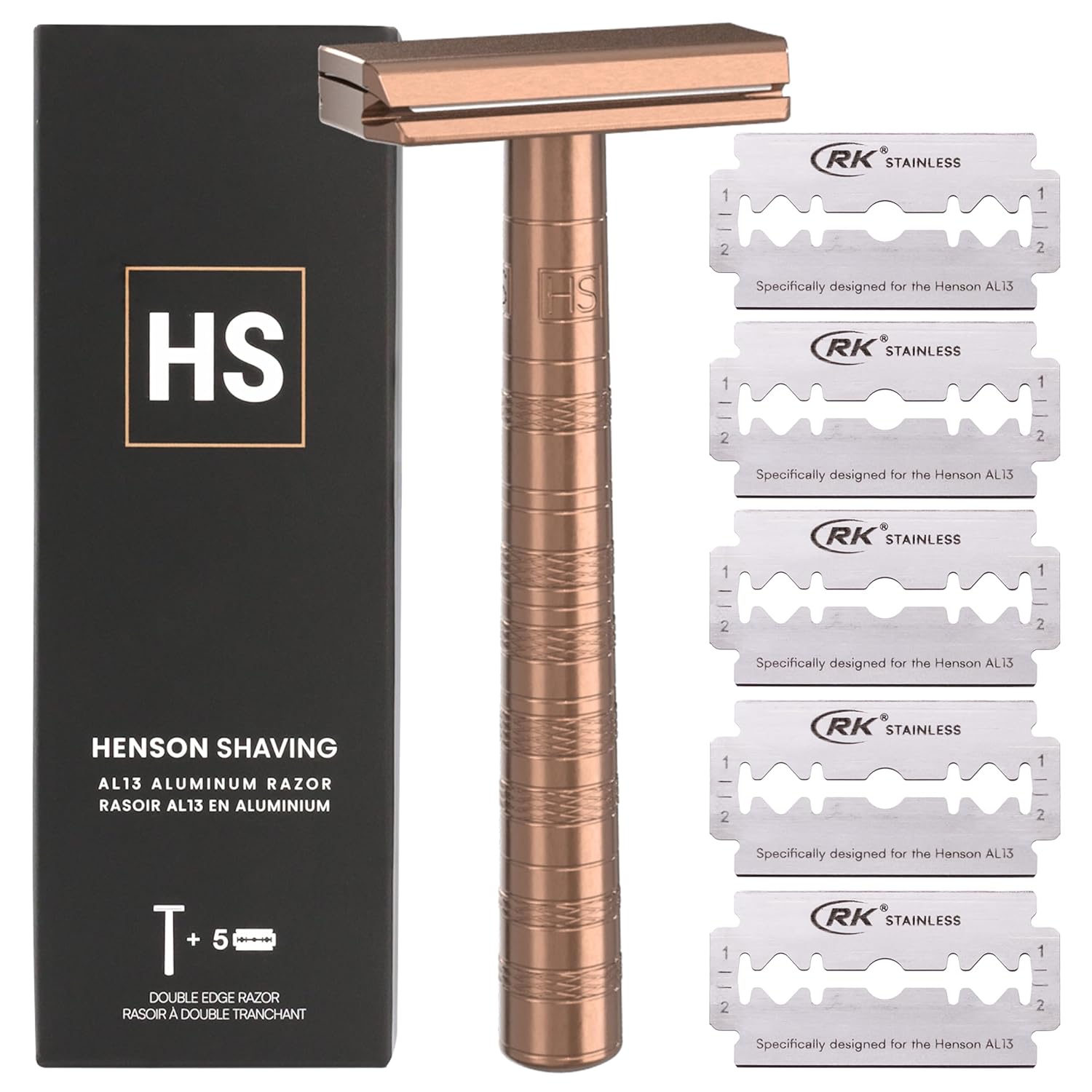 Henson Shaving Razor - Aluminum Double Edge Safety Razor with 5 Spare Blades - 30° Angled Precision With Superior Blade Rigidity- Reusable Single Blade Razors For Men and Women - Mild Aggression