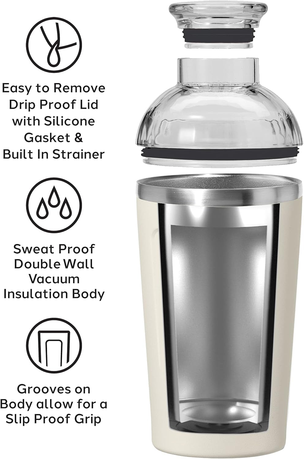 Groove Insulated Cocktail Shaker-16Oz Double Wall Vacuum Insulated Stainless Steel Shaker, Tritan Lid Has Built in Strainer, Ideal Cocktail Mixer, Martini Shaker, Margarita Shaker, Charcoal