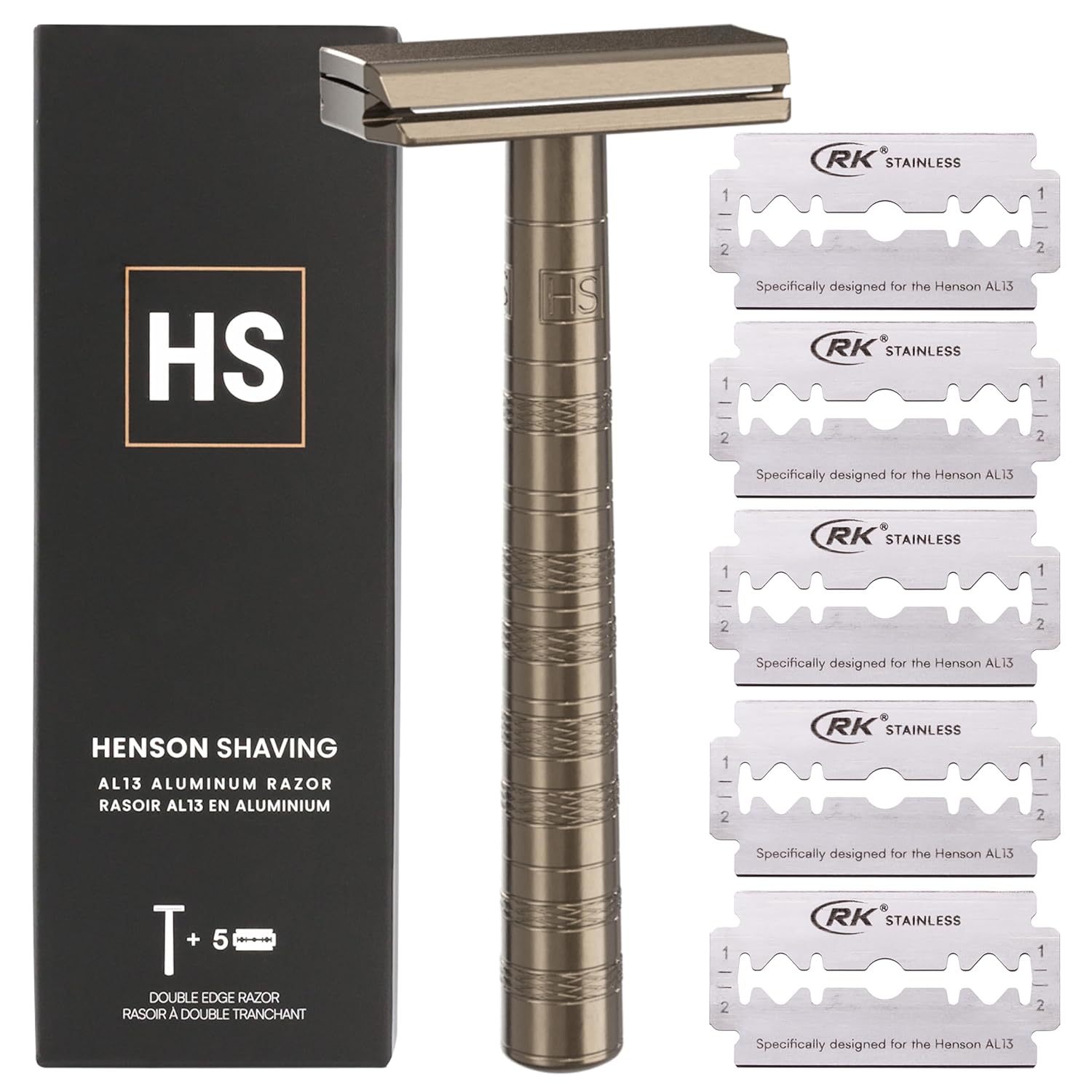 Henson Shaving Razor - Aluminum Double Edge Safety Razor with 5 Spare Blades - 30° Angled Precision With Superior Blade Rigidity- Reusable Single Blade Razors For Men and Women - Mild Aggression